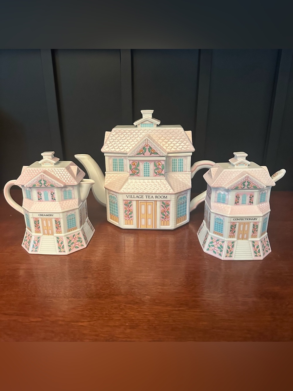 Lenox 1991 Village Tea Room Set: Tea Pot, Creamer, Confectionary w/ Spoon - MINT